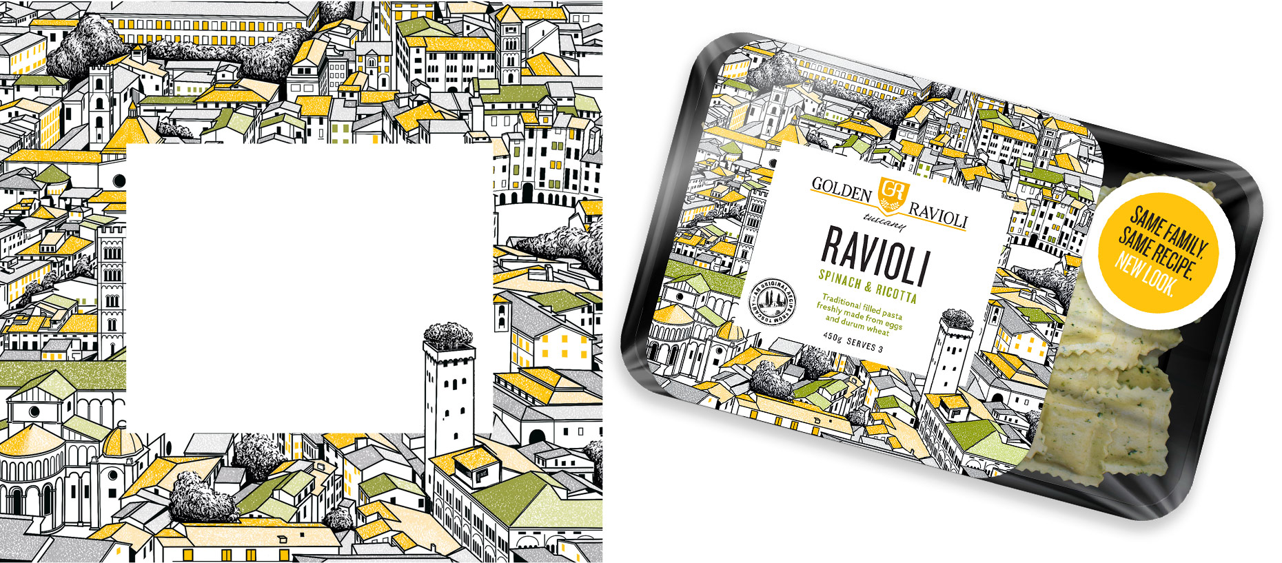 Golden Ravioli packaging illustration